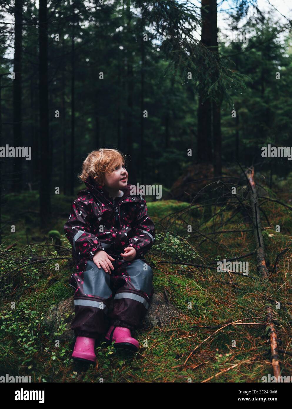 Toddler girl sitting in forest Stock Photo Alamy