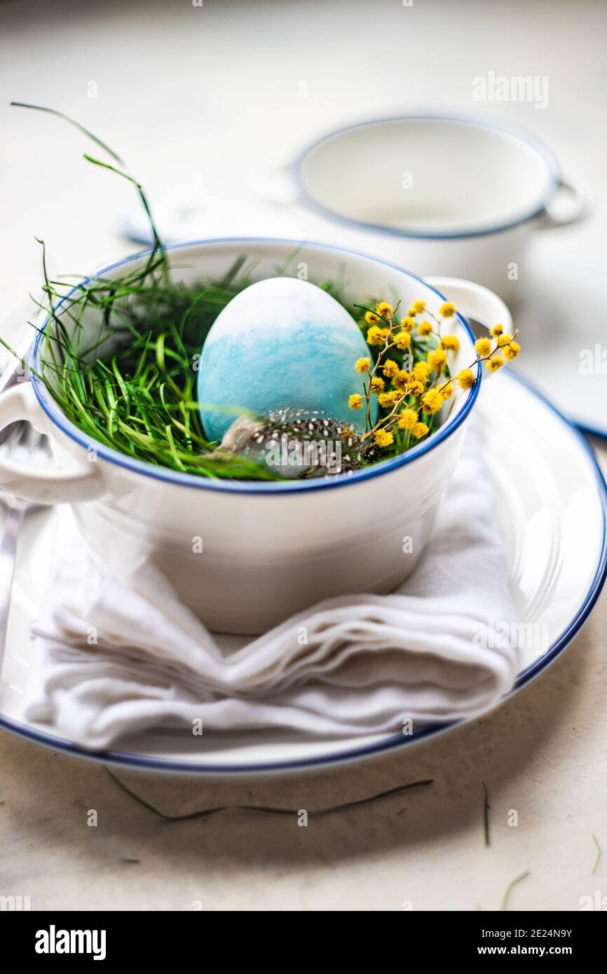 Easter place setting with an Easter egg, flowers and a feather Stock Photo
