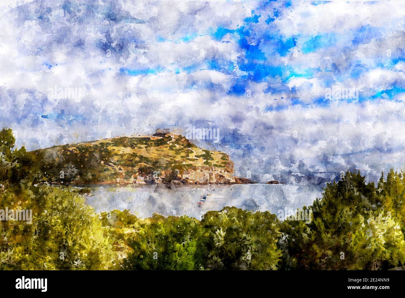 distant view on Temple of Poseidon at Cape Sounion, Greece Stock Photo