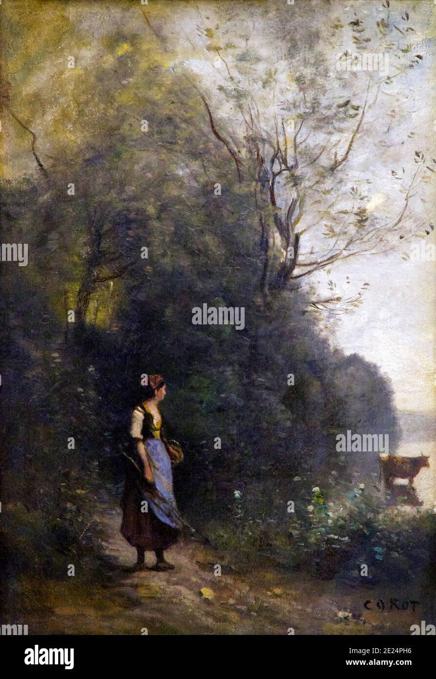 Peasant Girl Grazing a Cow at the Forest, Jean-Baptiste Camille Corot, 1865-1870, State Hermitage Museum, Saint Petersburg, Russia Stock Photo