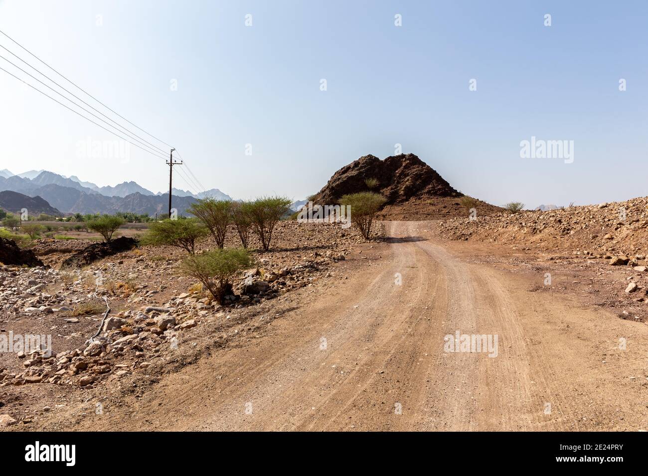 Rural gravel road in Hatta village in Hajar Mountains in United Arab Emirates with barren land and dry acacia trees. Stock Photo
