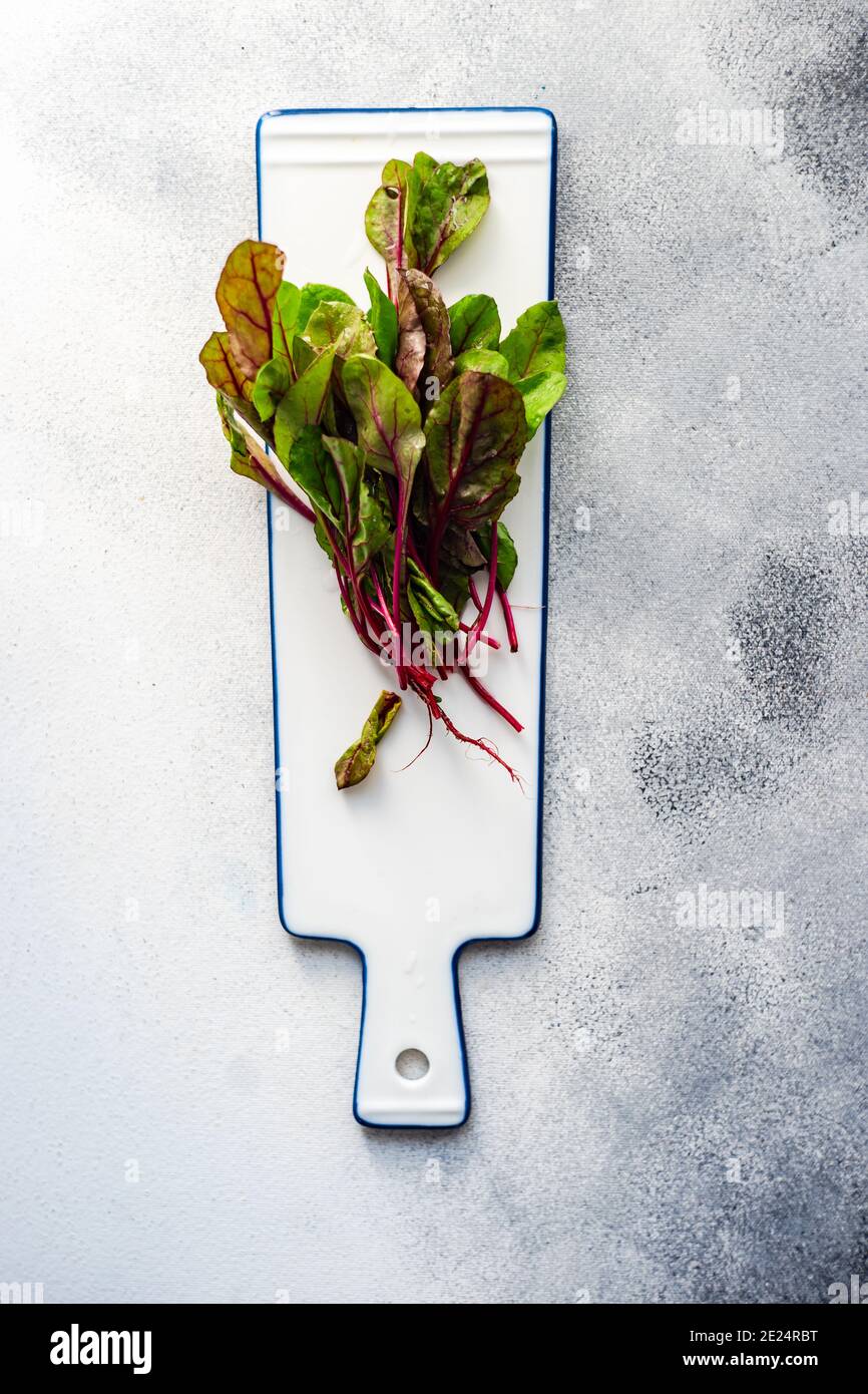 Beetroot leaves on a serving dish Stock Photo