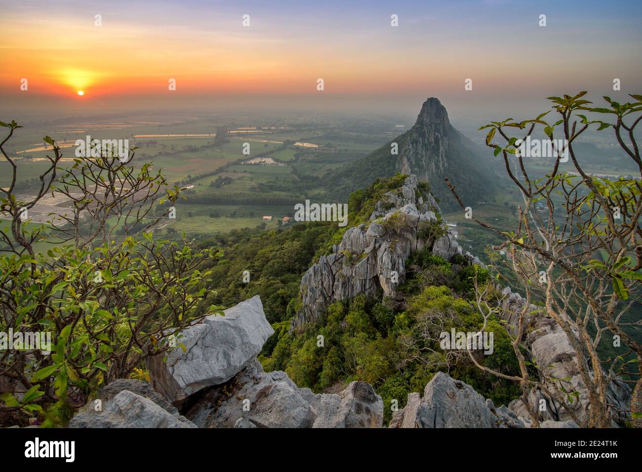 View from the peak of Khao Nor in the morning sunrise in Nakhon Sawan, Thailand. Stock Photo