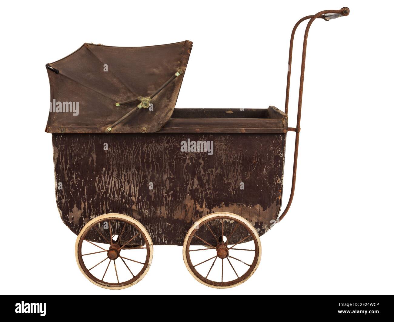 Side view of a nineteenth century brown baby pram isolated on a white background Stock Photo
