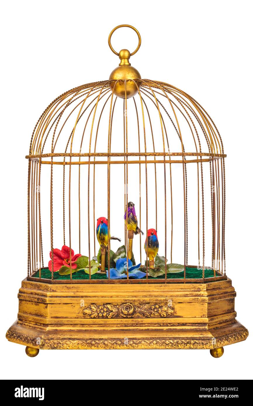 Vintage golden birdcage with fake little birds isolated on a white background Stock Photo
