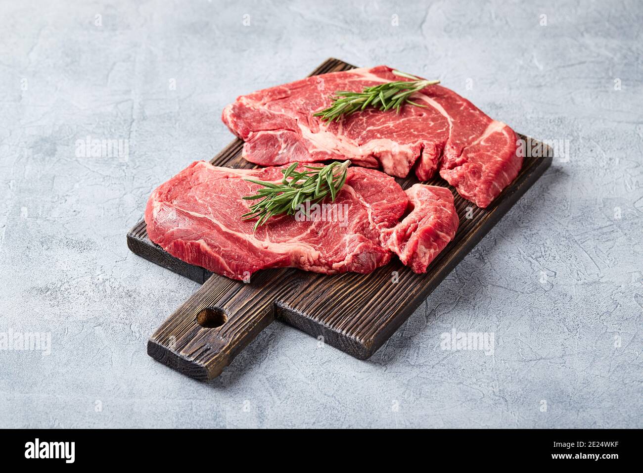 Two Fresh Raw meat Prime Black Angus Beef Steaks, Rib Eye, Denver, on