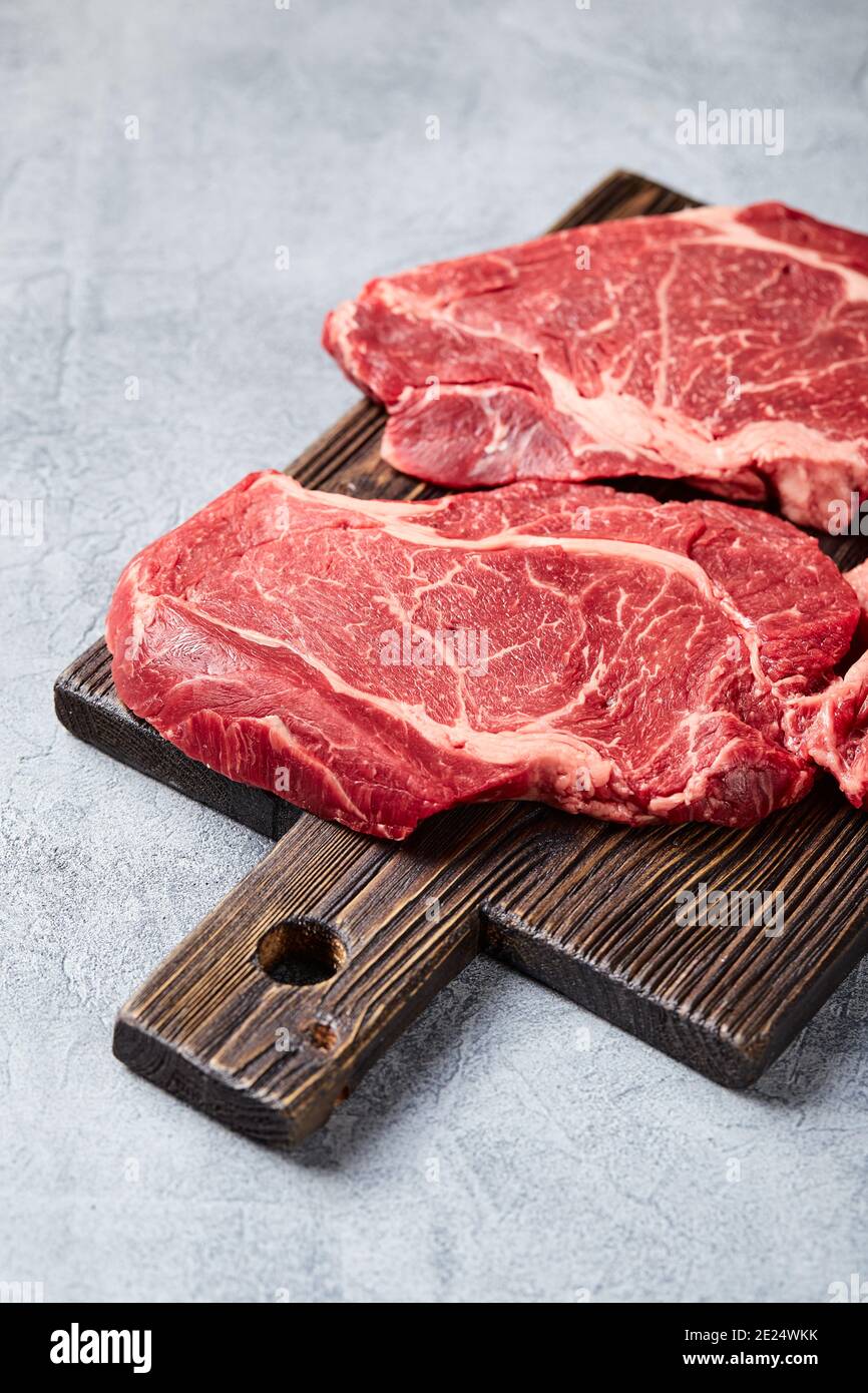 Two Fresh Raw meat Prime Black Angus Beef Steaks, Rib Eye, Denver, on