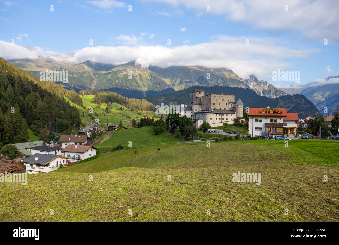 NAUDERS, AUSTRIA, SEPTEMBER 12, 2020 - Naudersberg Castle in Nauders, Tyrol, Austria Stock Photo