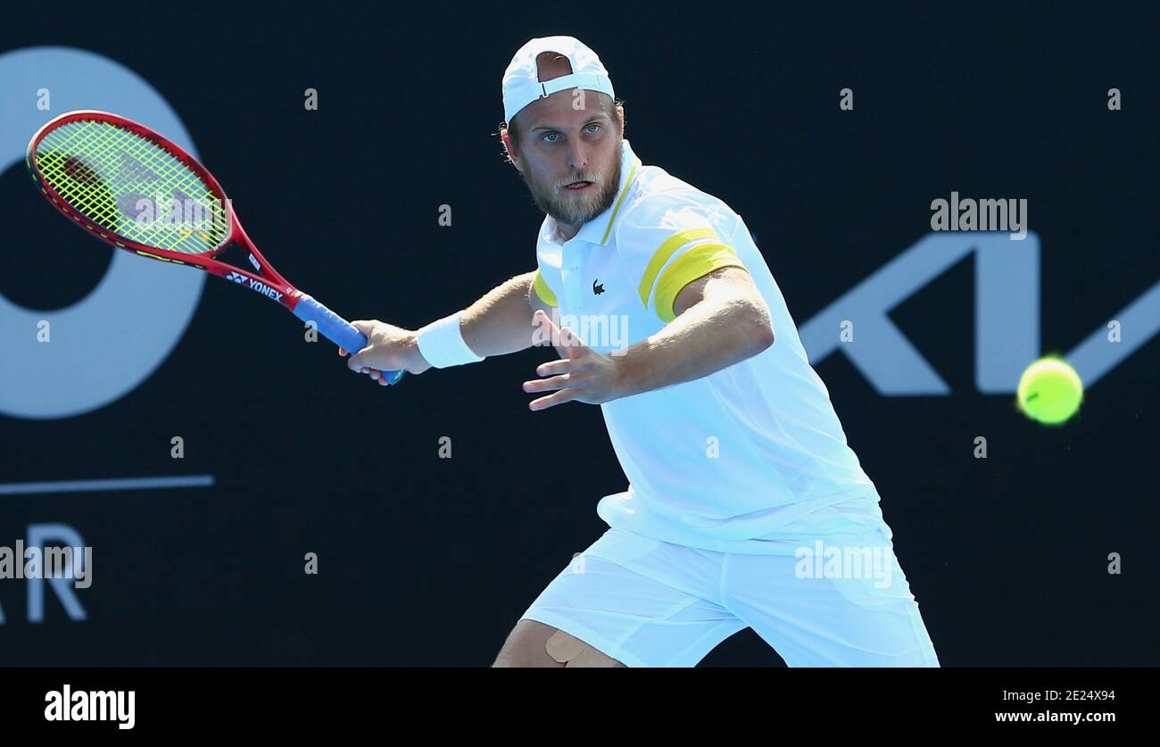 Doha, Qatar. 11th Jan, 2021. Denis Kudla of the United States plays against  Elliot Benchetrit of Morroco at their round 1 match at the Australian Open  2021 Men's Qualifying in Doha, Qatar,