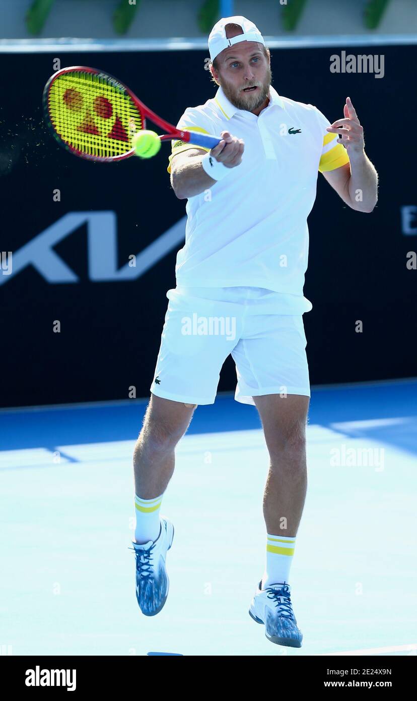 Doha, Qatar. 11th Jan, 2021. Denis Kudla of the United States plays against  Elliot Benchetrit of Morroco at their round 1 match at the Australian Open  2021 Men's Qualifying in Doha, Qatar,