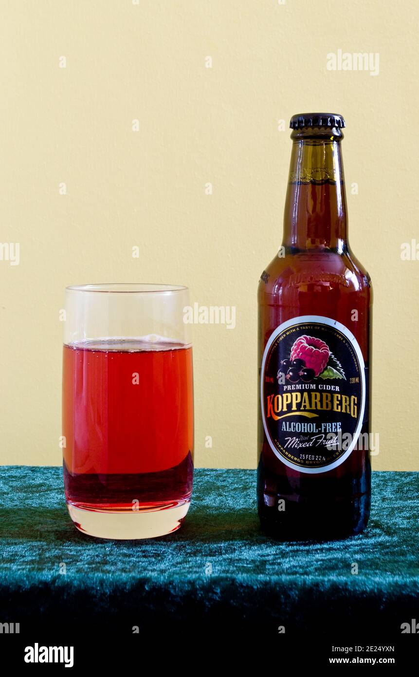 Bottle & Glass of Kopparberg Alcohol Free Mixed Fruit Premium Cider Stock Photo
