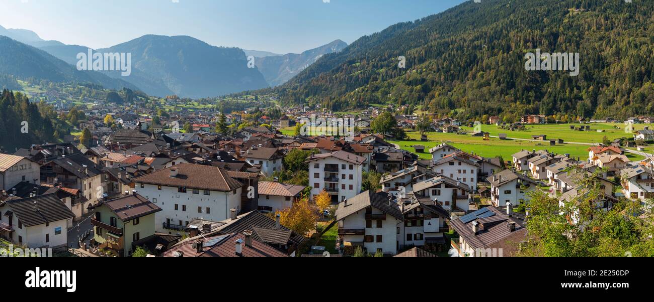 Cityview of Tonadico in the valley of  Primiero in the Dolomites of Trentino. Europe, Central Europe, Italy Stock Photo