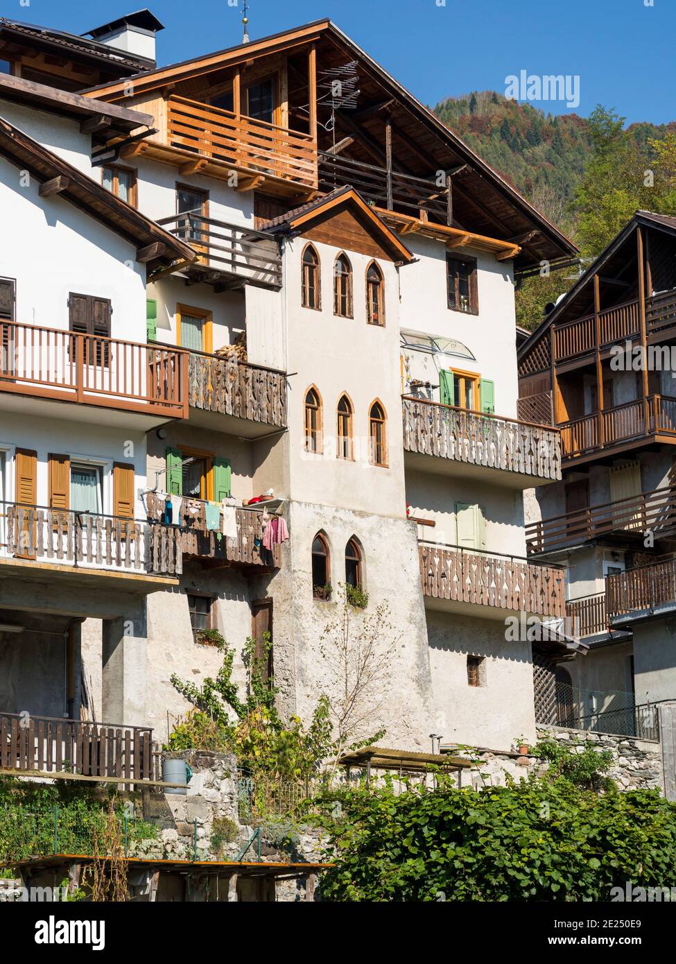 Traditional architecture of the Primiero. Tonadico in the valley of Primiero in the Dolomites of Trentino. Europe, Central Europe, Italy Stock Photo