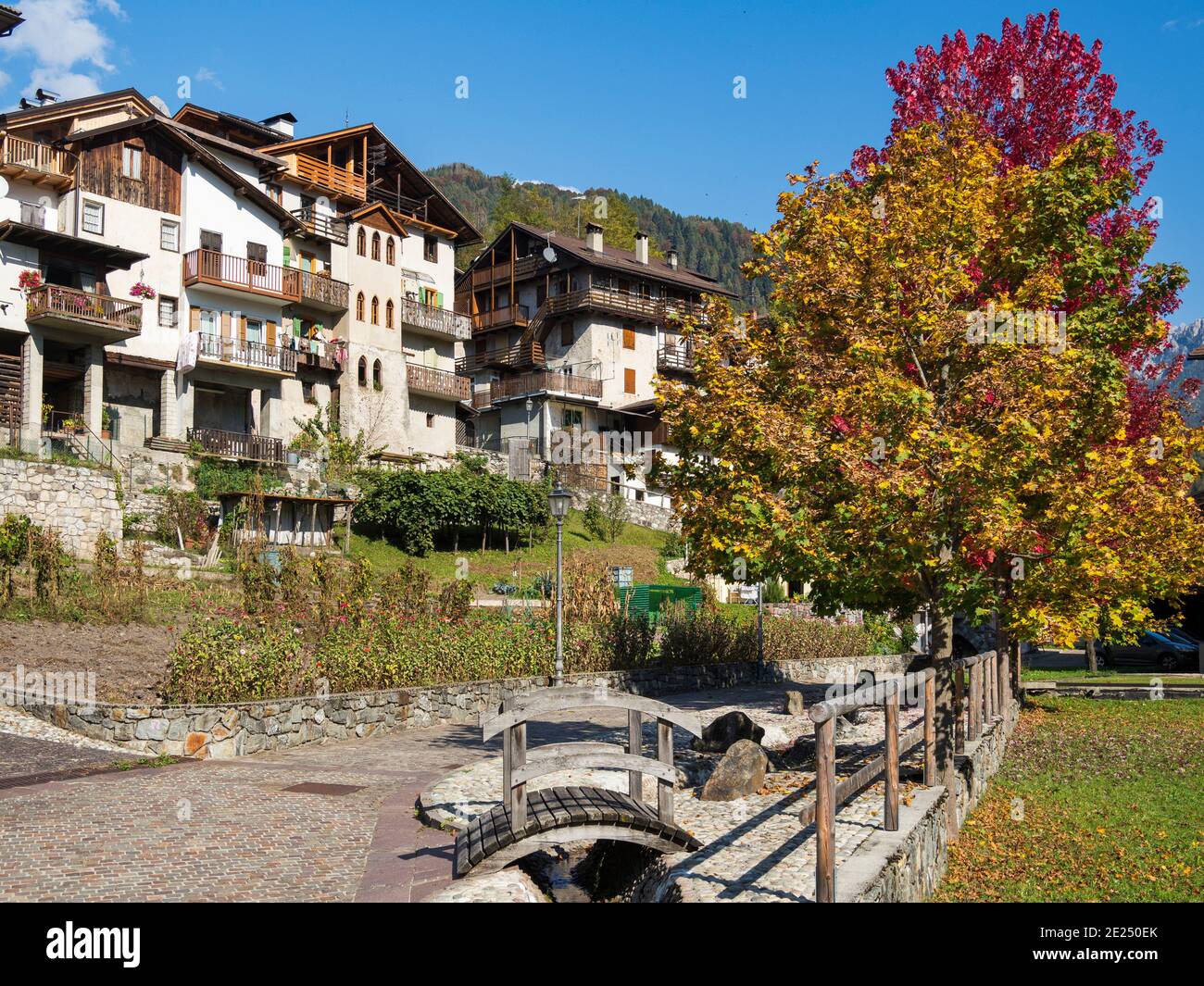 Traditional architecture of the Primiero. Tonadico in the valley of Primiero in the Dolomites of Trentino. Europe, Central Europe, Italy Stock Photo
