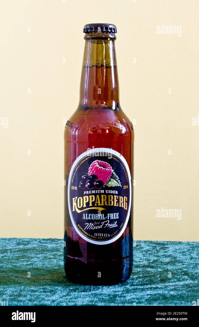 Bottle of Kopparberg Alcohol Free Mixed Fruit Premium Cider Stock Photo