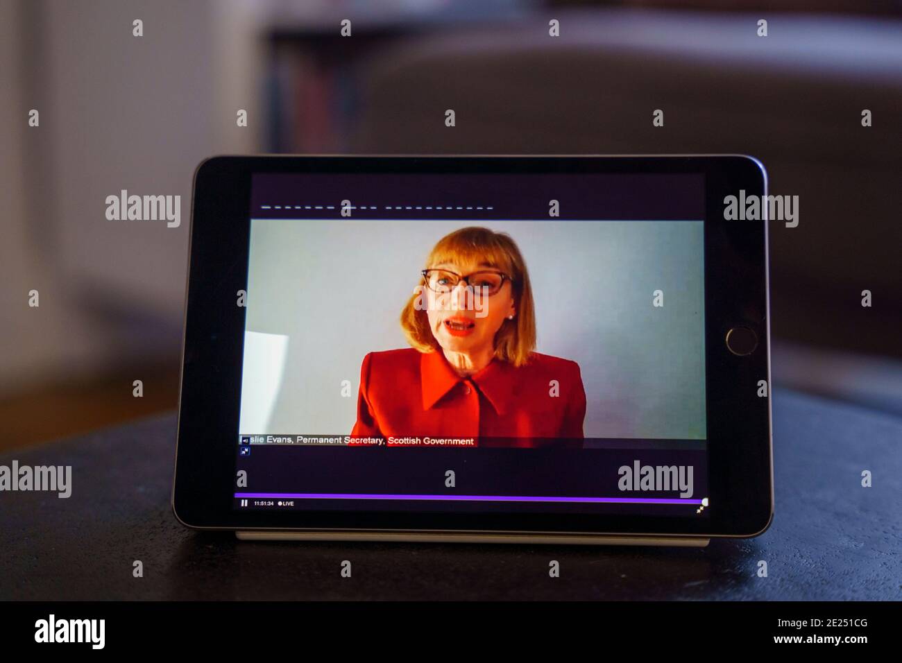 Edinburgh, Scotland, UK. 12 January 2021. Image of live streaming of Permanent Secretary of Scottish Government Leslie Evans giving virtual evidence to the Committee on the Scottish Government Handling of Harassment Complaints in Edinburgh. The committee was held virtually today because of Covid-19 pandemic.  Iain Masterton/Alamy Live News Stock Photo