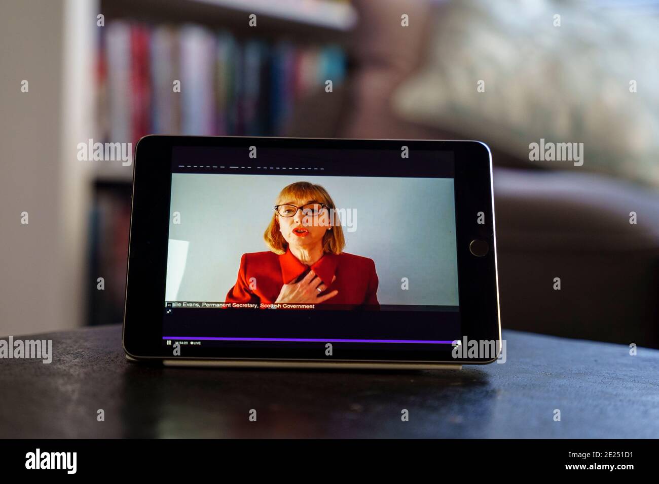 Edinburgh, Scotland, UK. 12 January 2021. Image of live streaming of Permanent Secretary of Scottish Government Leslie Evans giving virtual evidence to the Committee on the Scottish Government Handling of Harassment Complaints in Edinburgh. The committee was held virtually today because of Covid-19 pandemic.  Iain Masterton/Alamy Live News Stock Photo