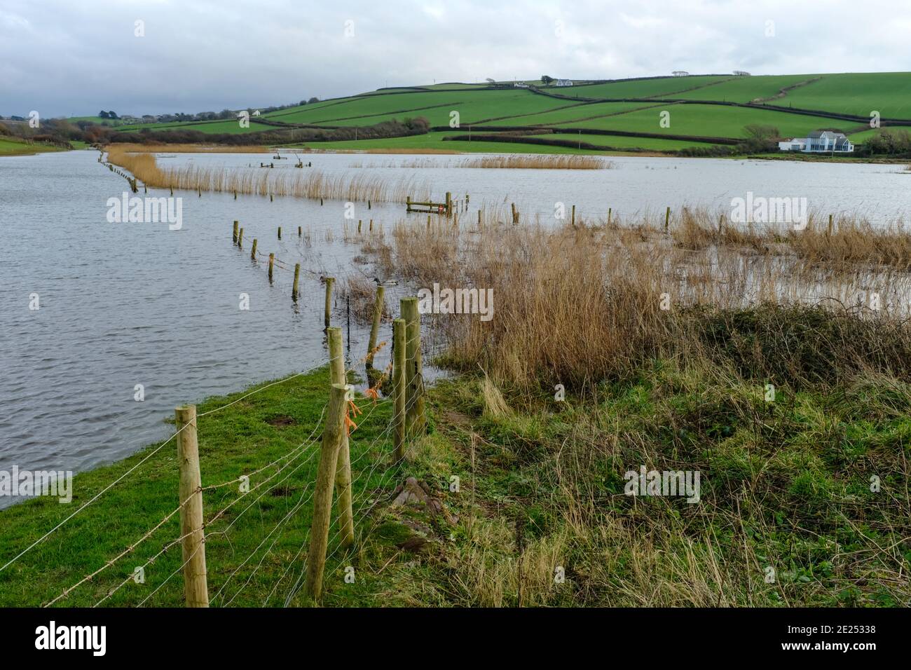View of flooding in South Milton Ley Reserve following heavy rainfall. Thurlestone, South Devon, UK Stock Photo