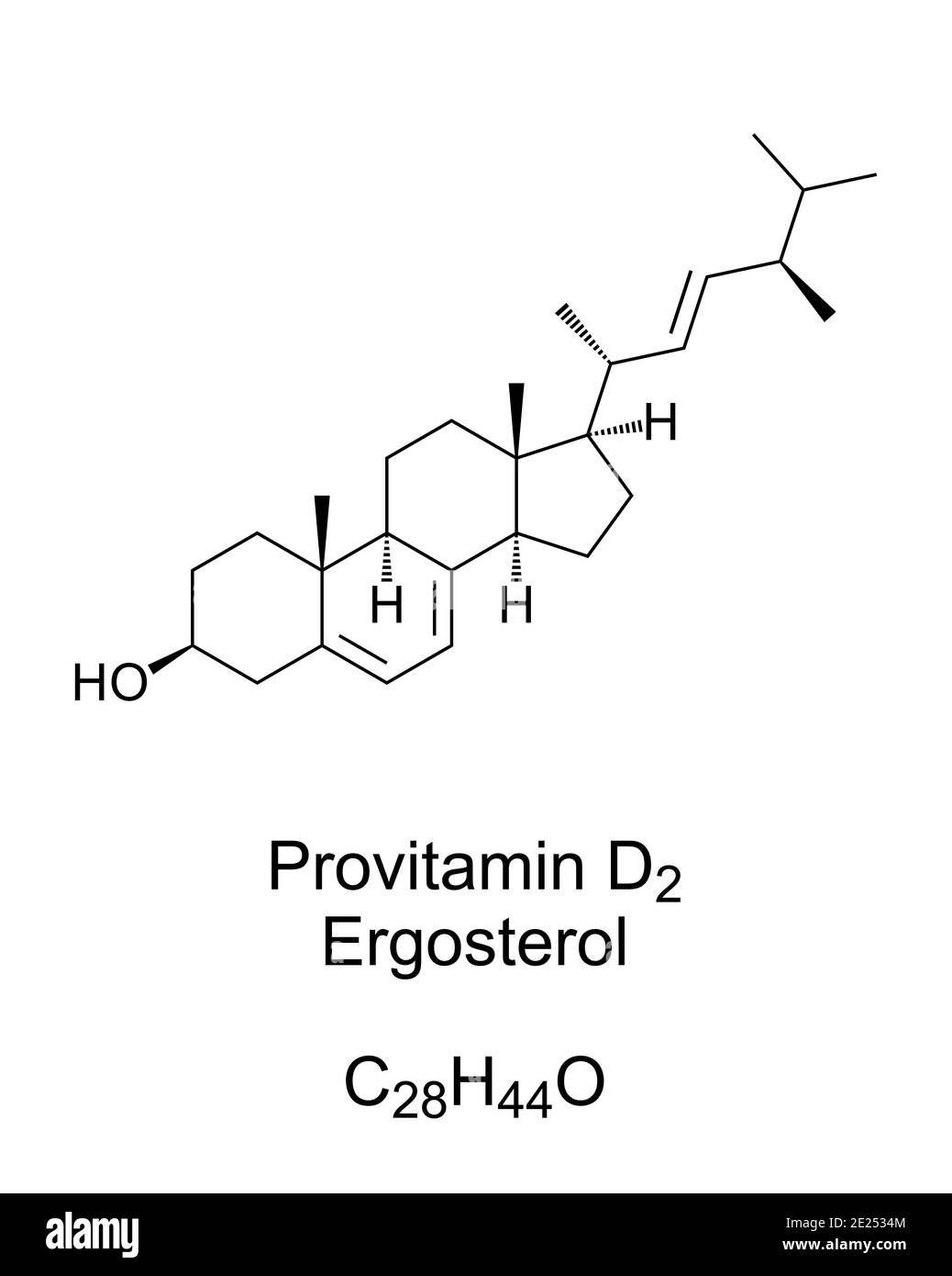 Ergosterol, a provitamin form of Vitamin D2, chemical structure and skeletal formula. A sterol, found in cell membranes of fungi and protozoa. Stock Photo
