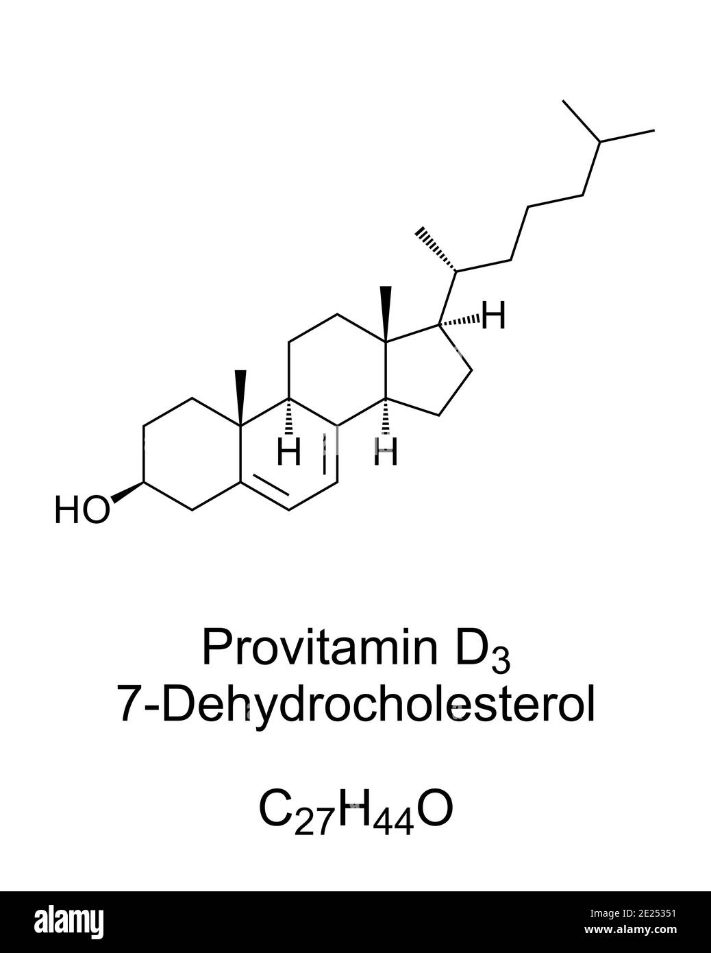 Provitamin form of Vitamin D3, chemical structure and skeletal formula. 7-Dehydrocholesterol, 7-DHC. Zoosterol, functions as cholesterol precursor. Stock Photo