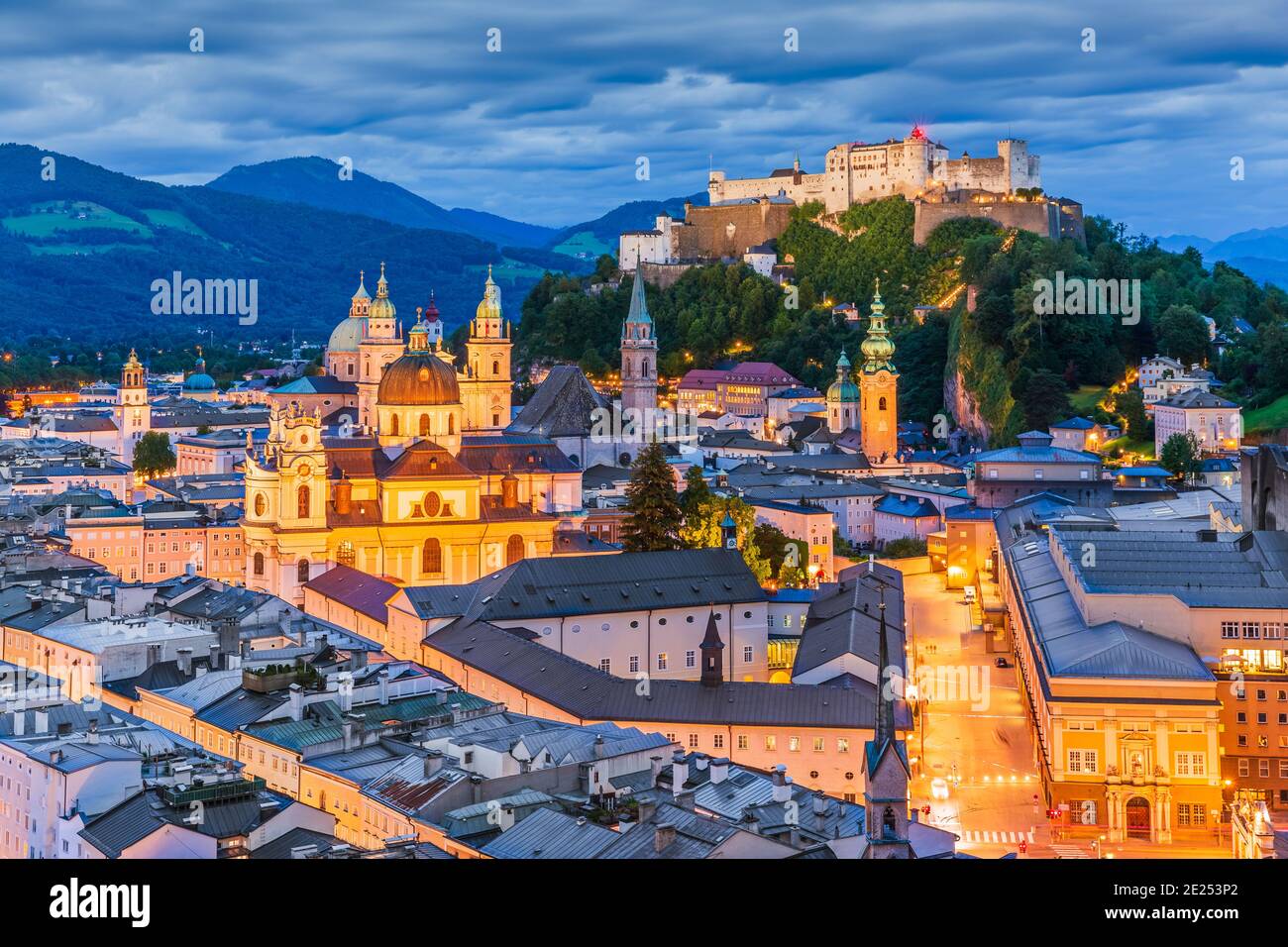 Salzburg, Austria. Old town with Festung Hohensalzburg fortress and Salzburger Dom. Stock Photo