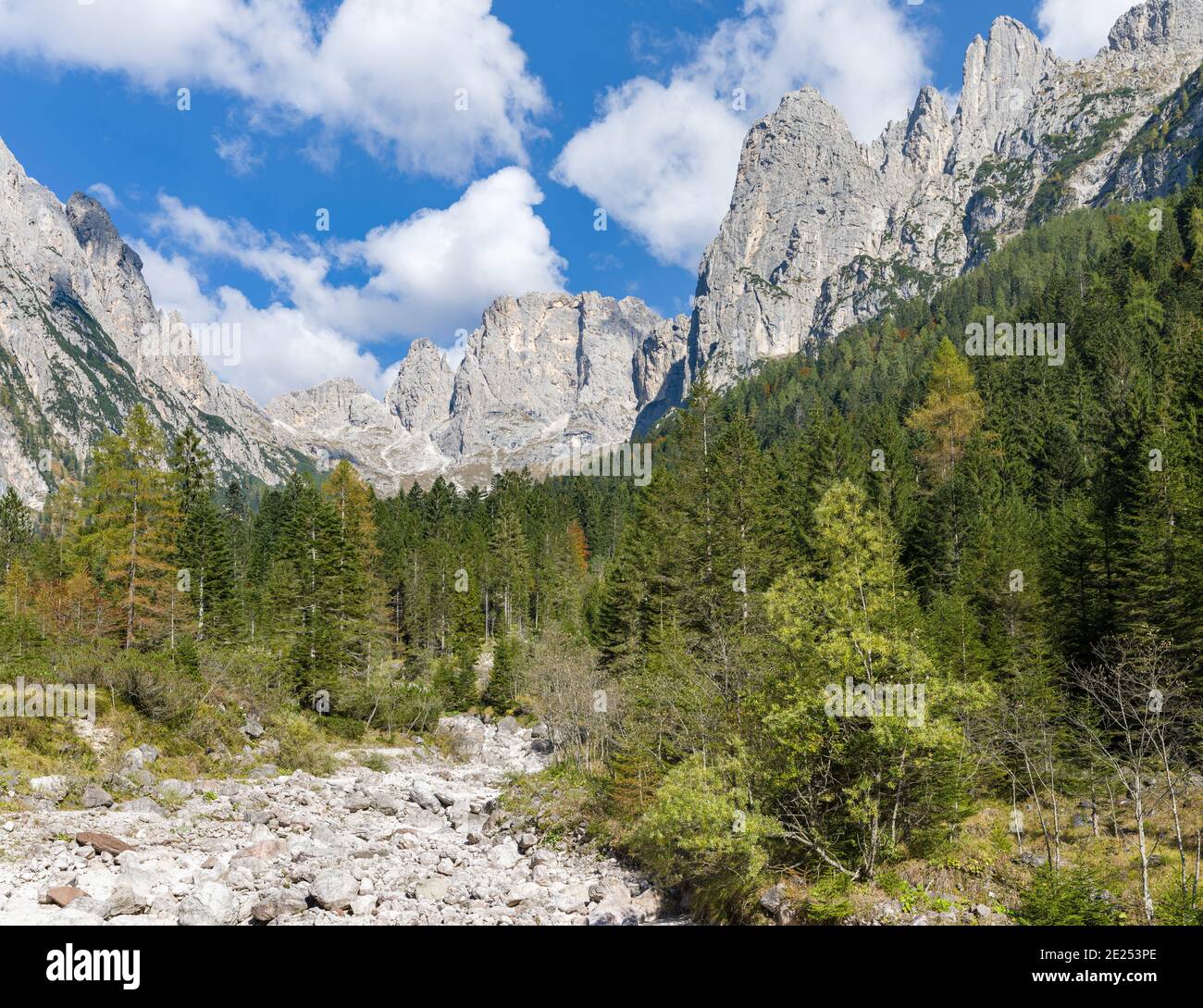 Valle del Canali in the mountain range Pale di San Martino, part of UNESCO world heritage Dolomites, in the dolomites of the Primiero.  Europe, Centra Stock Photo