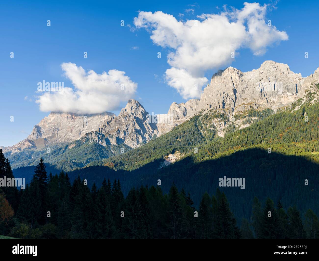 Val Cismon and the  Pale di San Martino, part of UNESCO world heritage Dolomites, in the dolomites of the Primiero.  Europe, Central Europe, Italy Stock Photo