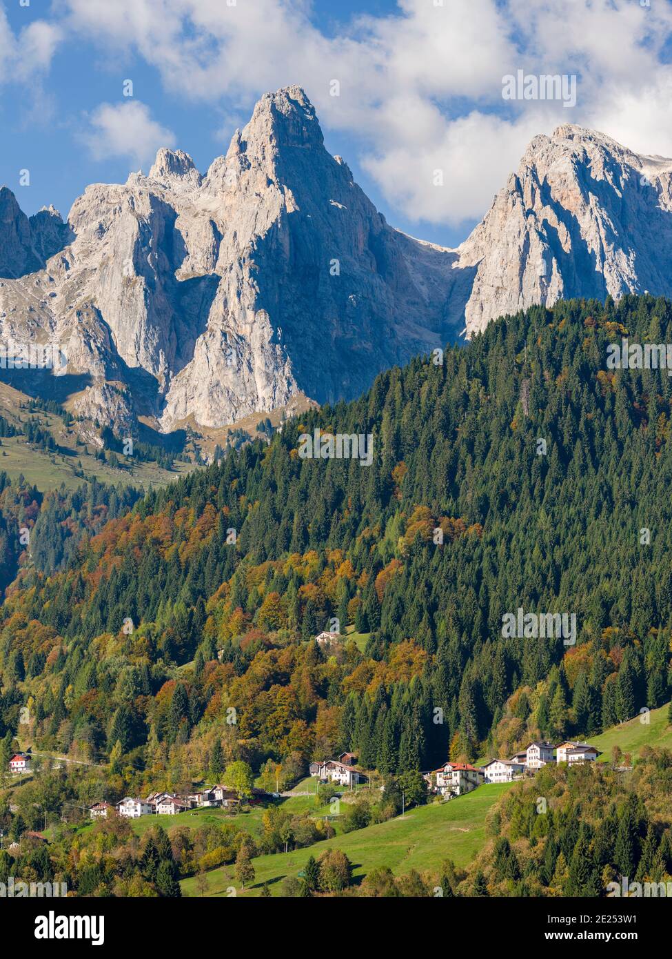 Villages Sarasin and Pongan in the  Veneto under the peaks of the mountain range Pale di San Martino, part of UNESCO world heritage Dolomites.  Europe Stock Photo