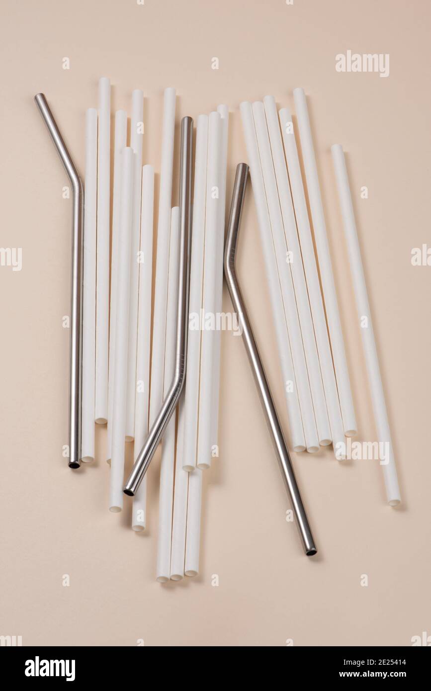 Eco Friendly Drinking Straws. Sustainable lifestyle concept. Champagne colour background. Stock Photo