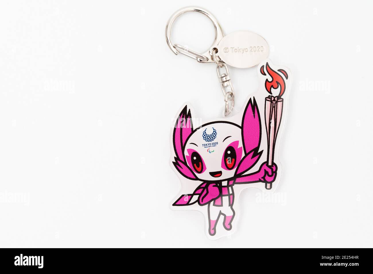 Tokyo, Japan - January 4, 2021: 2020 Tokyo Olympic Mascot Someity keychain official licensed. Copy space. Isolated on white background. Stock Photo