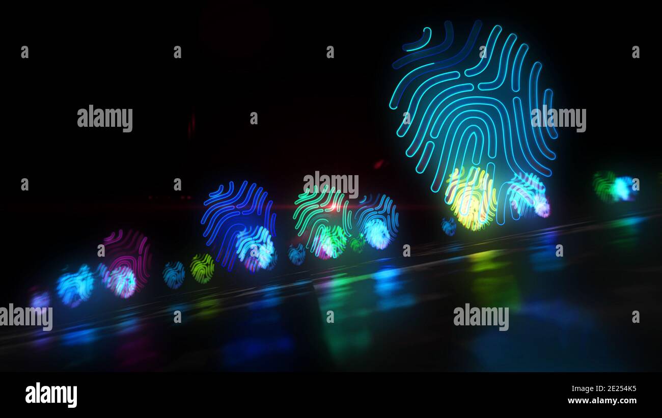 Fingerprint symbol, authentication technology, identification, digital footprint, computer security access, identity, cyber id concept. Futuristic abs Stock Photo
