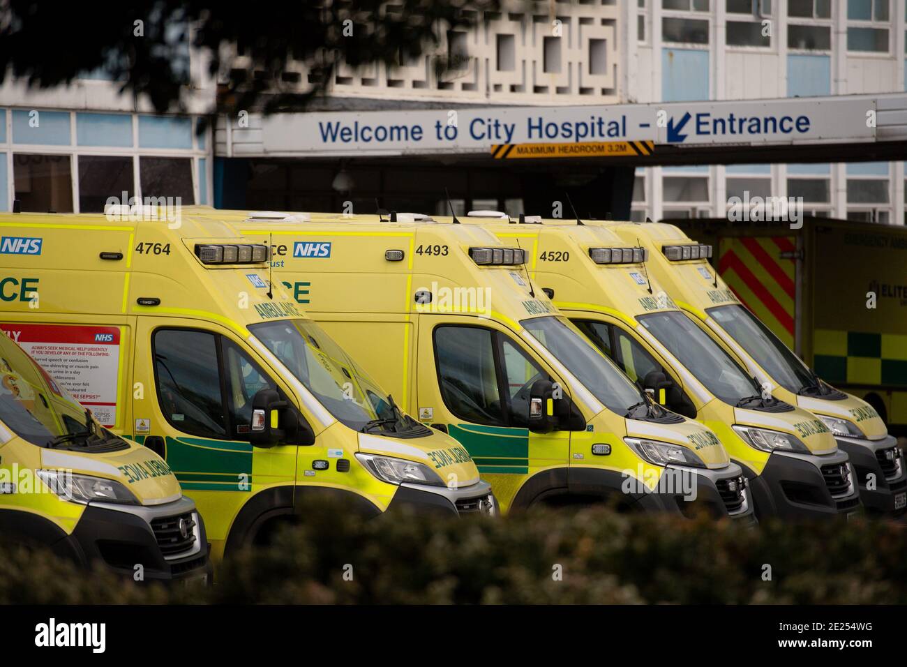 Ambulances outside City Hospital in Birmingham. The West Midlands has several areas in the top 10 highest-growing coronavirus numbers. Stock Photo
