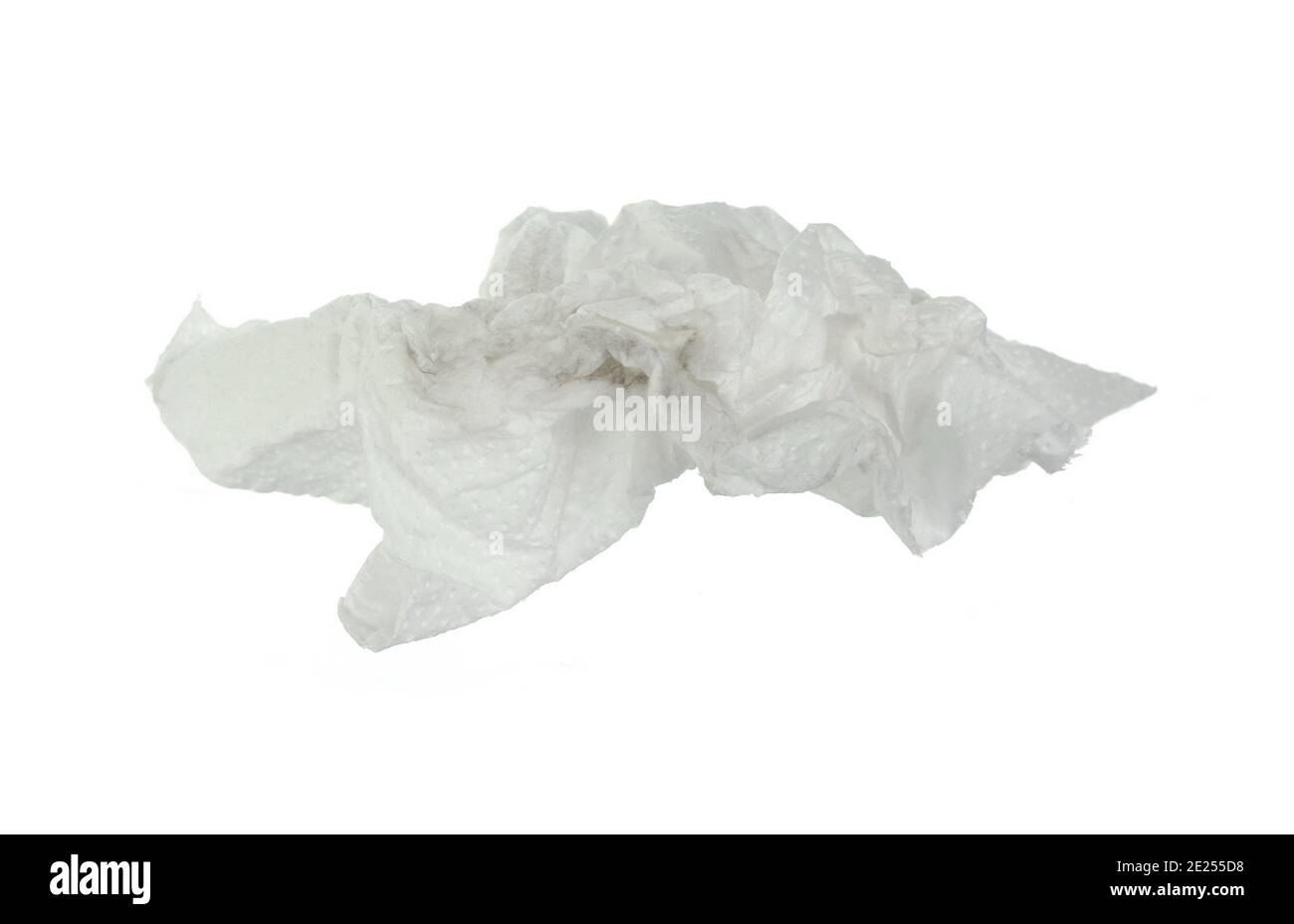 Used screwed paper tissue isolated on white background. Crumpled tissue
