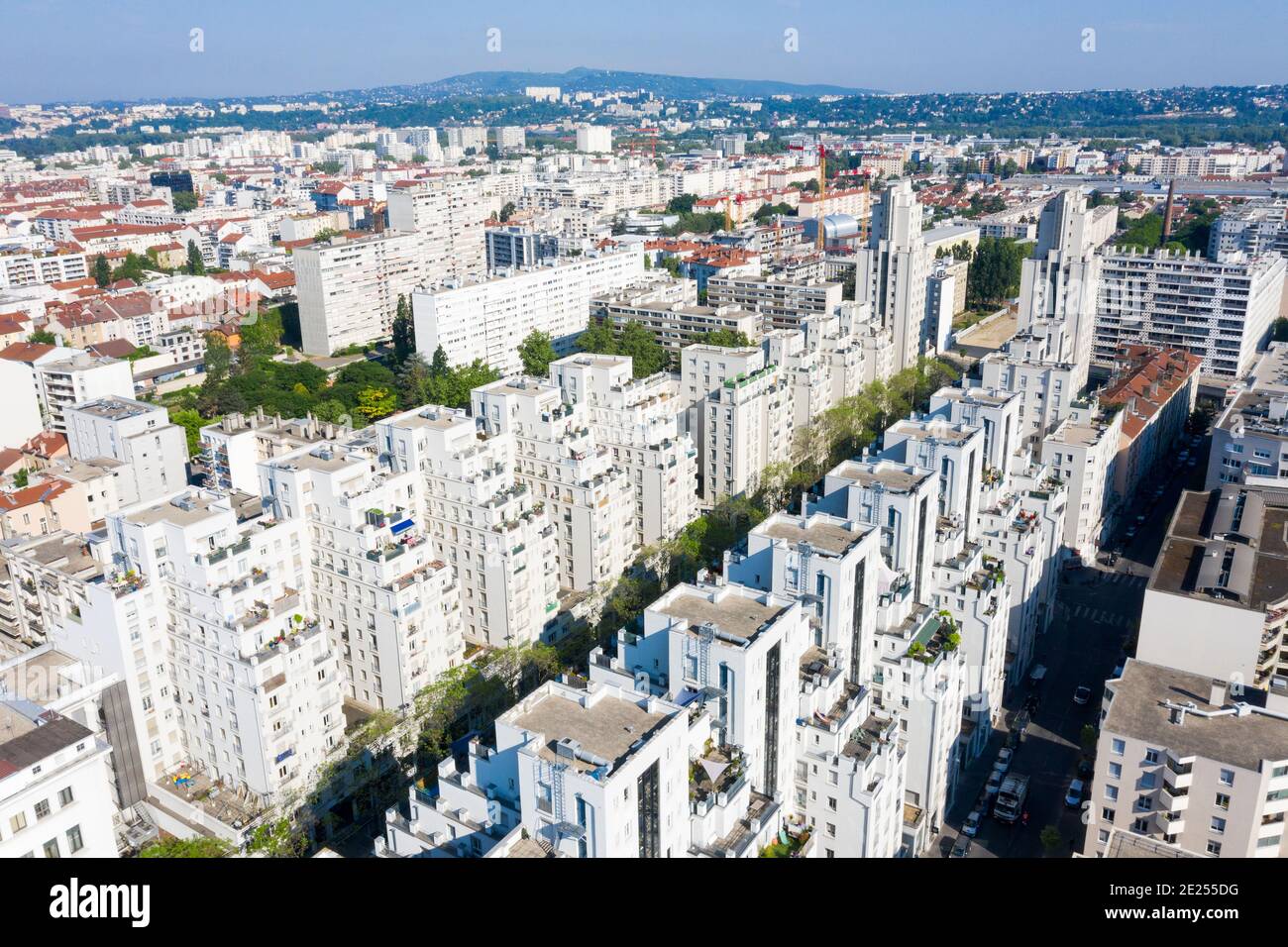 Villeurbanne (central-eastern France): architectural complex “Les gratte-ciel” (The Skyscrapers) consisting of “place Lazare Goujon” square, the City Stock Photo