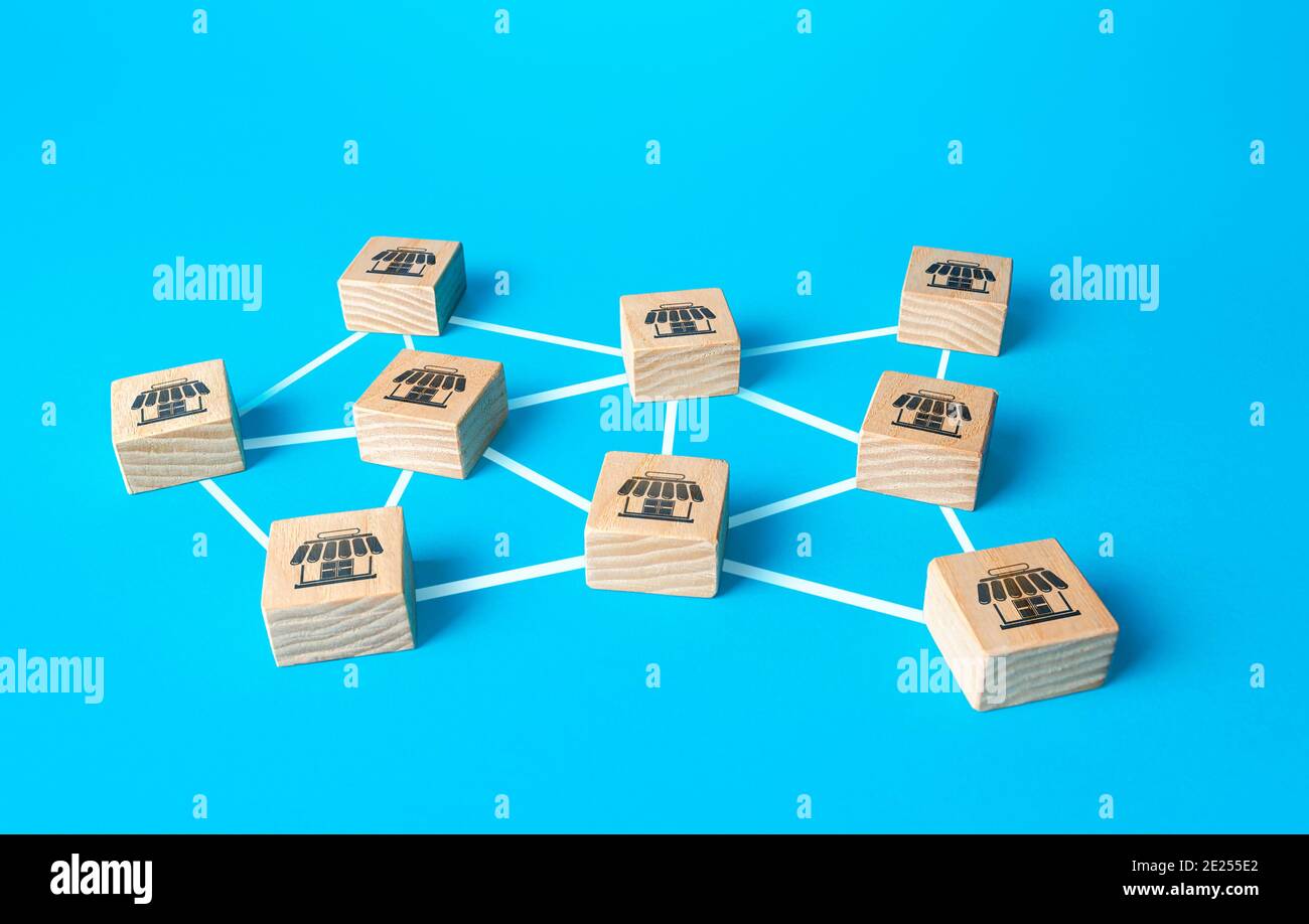 Blocks with retail shops connected by lines form network business