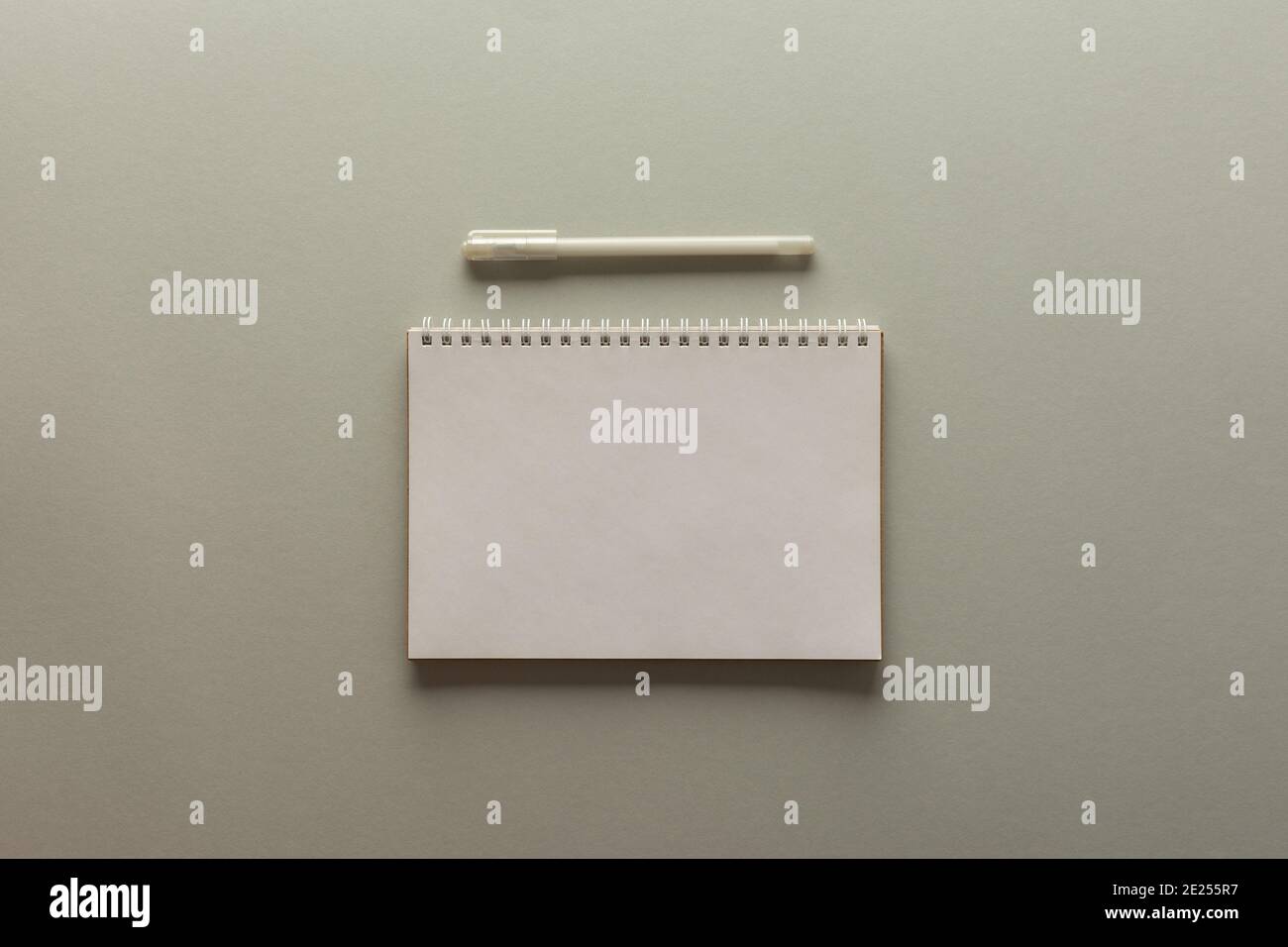 Open spiral notepad on gray background, notebook and pen lie on textural paper, flat lay concept in trendy colors of the year Stock Photo