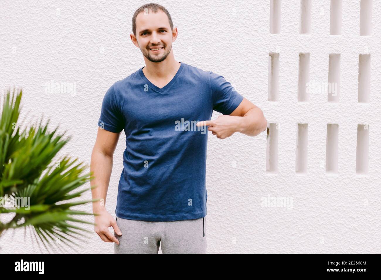 Download Man Wearing Blue T Shirt Mockup Outdoors Stock Photo Alamy