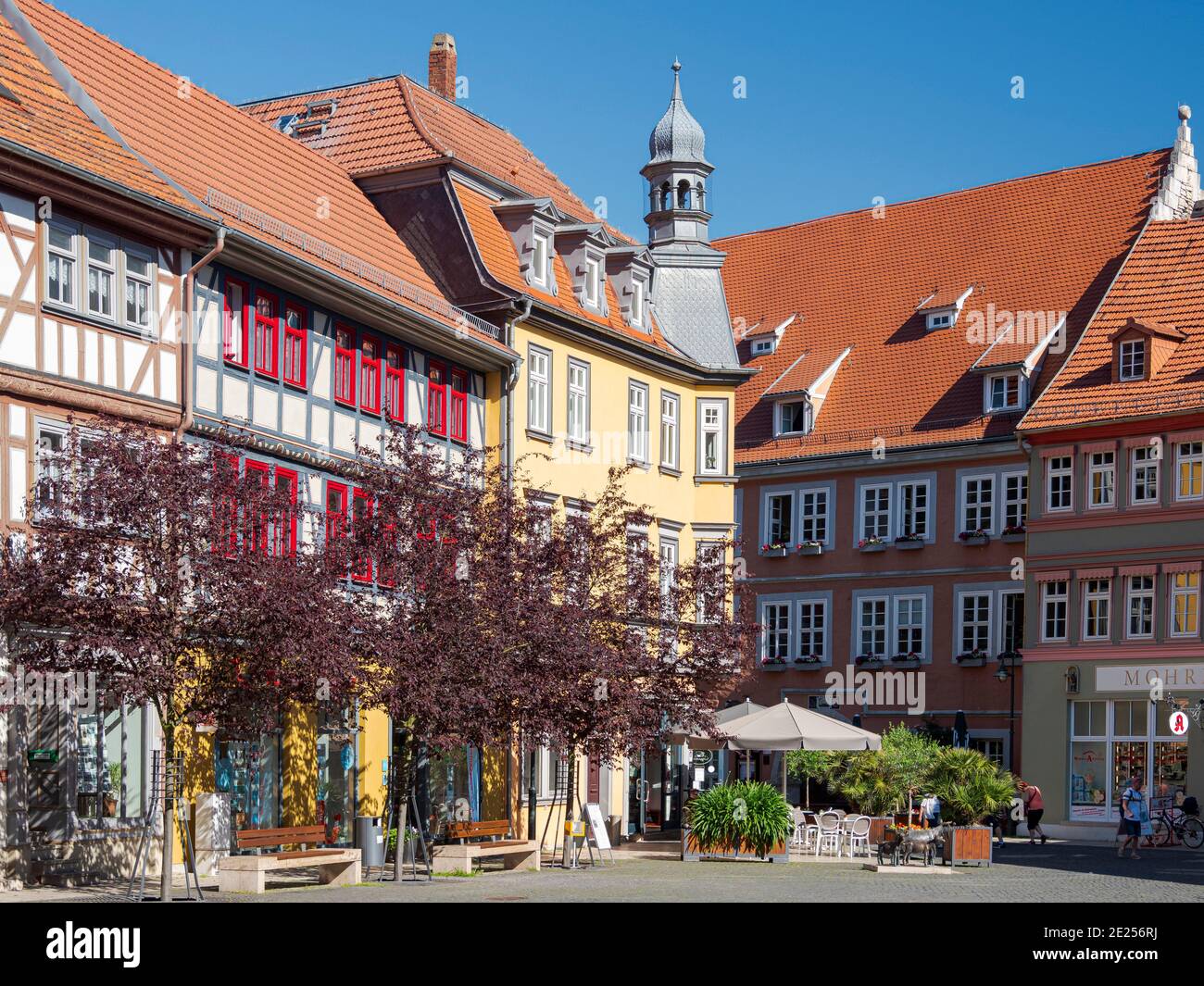 Old town houses buildt with traditionl timber framing at the square Neumarkt. The medieval town and spa Bad Langensalza in Thuringia. Europe, Central Stock Photo