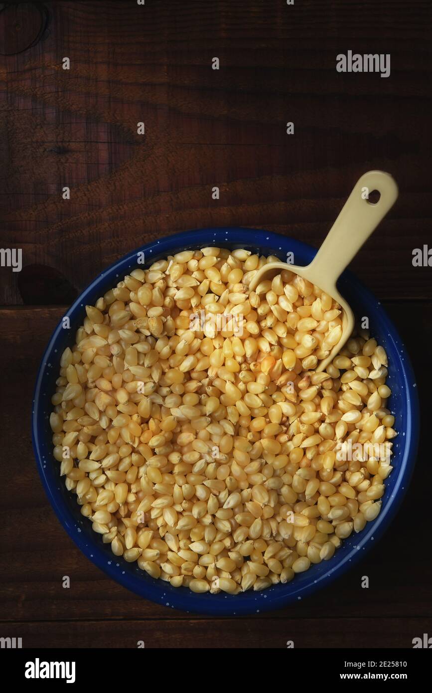 Bowl full of popcorn kernels with scoop on rustic dark wood table