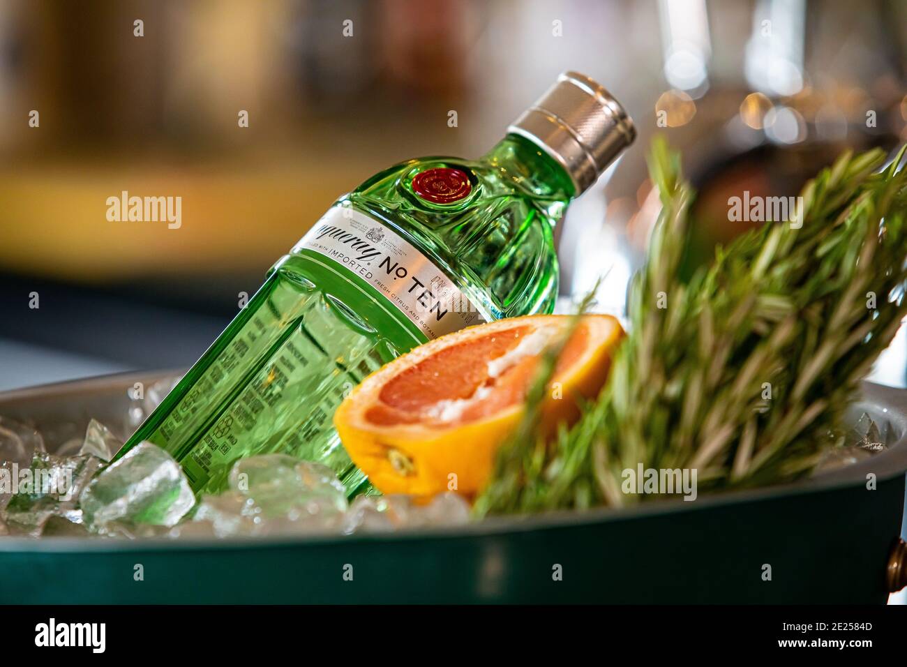 Cape Town, South Africa - December 14, 2020: Illustrative Editorial of Tanqueray Gin bottle in an ice bucket Stock Photo