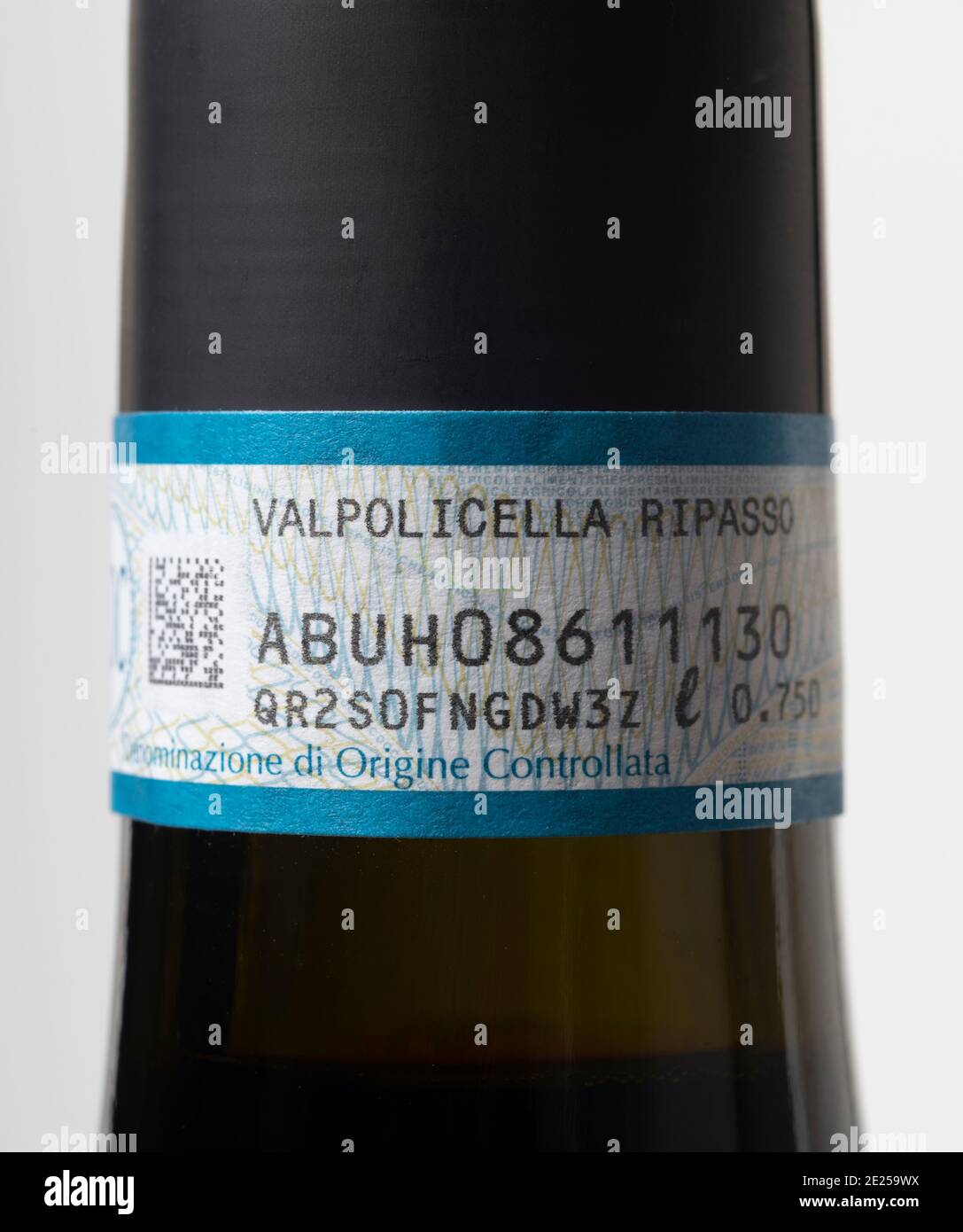 Valpolicella Ripasso Italian red wine bottle serial number neck label Stock Photo