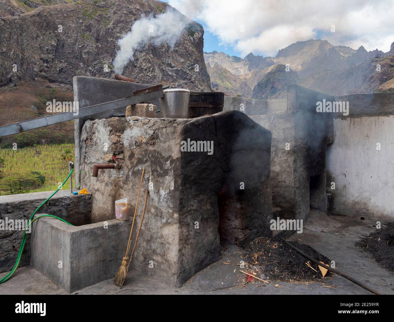 Distillery for Grogue, the local and iconic liquor produced from sugarcane. Valley Ribeira do Paul on the island Santo Cape Verde in the equa Stock Photo - Alamy