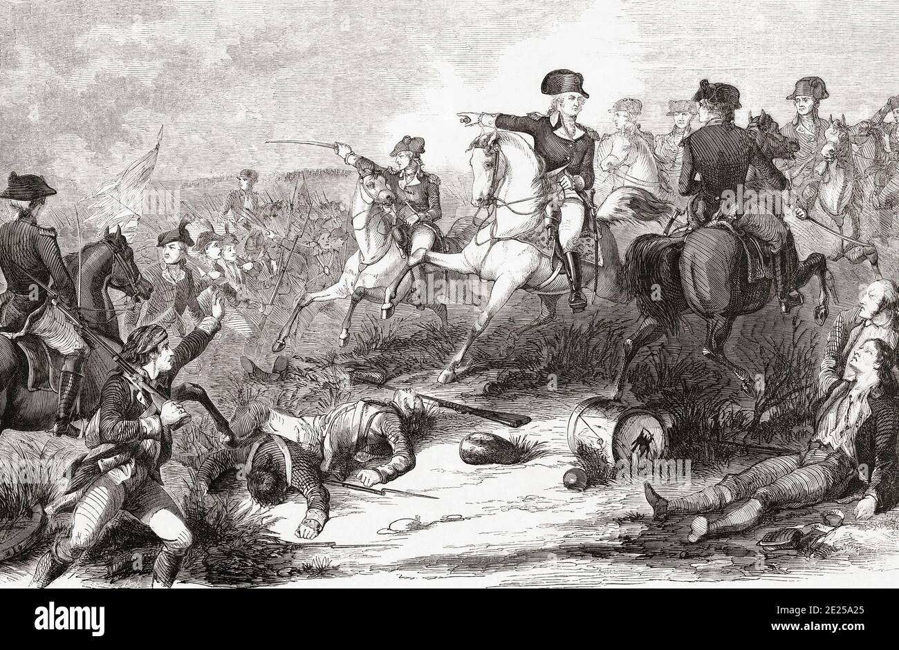 The Battle of Monmouth or Battle of Monmouth Court House, June 28, 1778 during the American Revolutionary War.  In the picture George Washington rallies his troops of the Continental Army.  After a 19th century engraving by an unidentified artist. Stock Photo