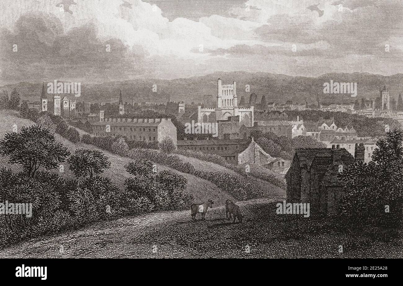 19th century view of Bristol seen from Clifton Wood.  From an engraving by William Angus after a work by George Holmes. Stock Photo