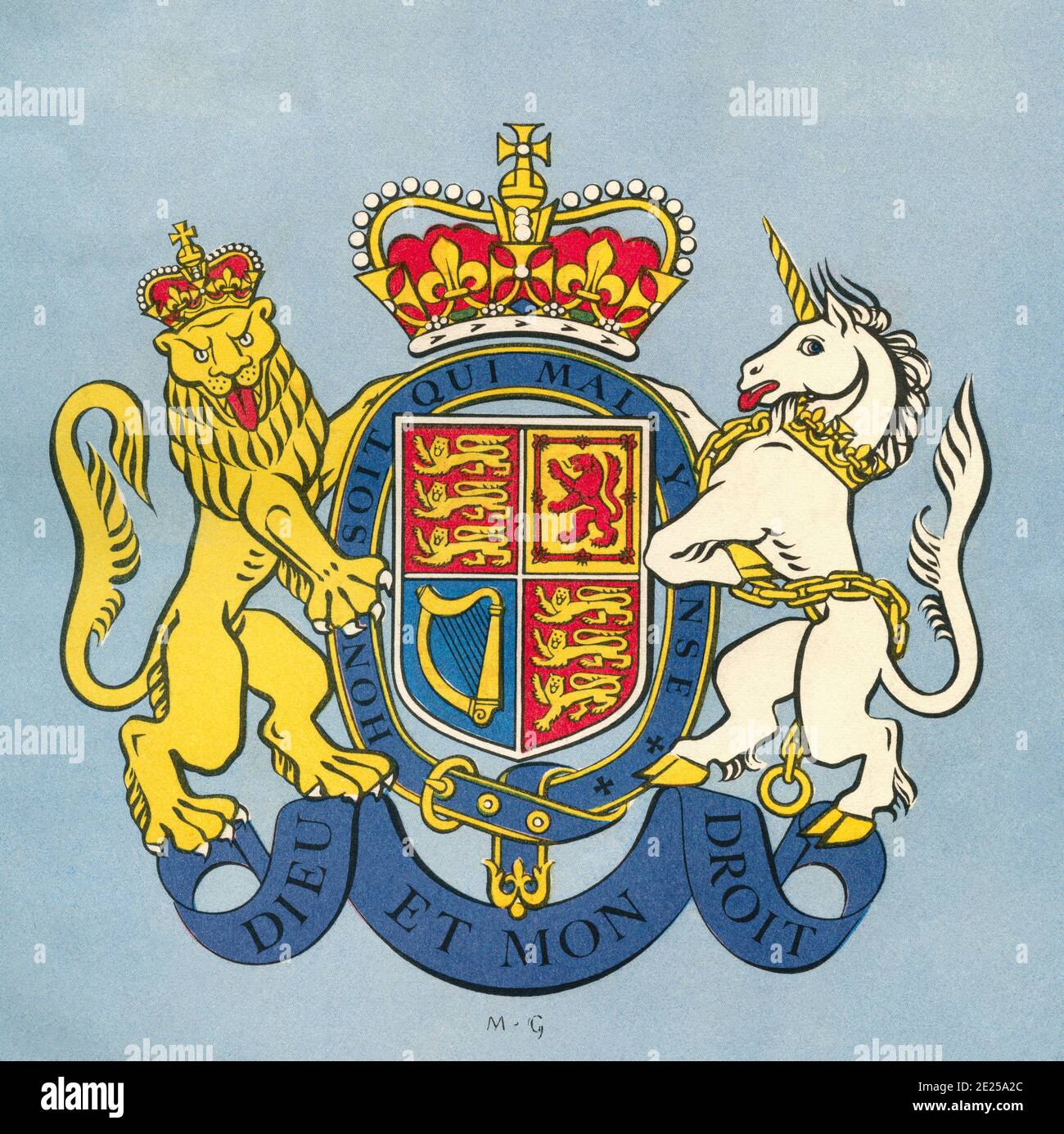 EDITORIAL ONLY The lion and the unicorn, the Royal coat of arms of the United Kingdom.  From The Queen Elizabeth Coronation Book, published 1953. Stock Photo