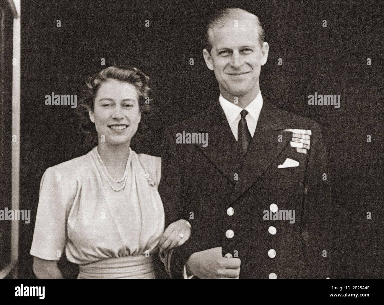 EDITORIAL ONLY Princess Elizabeth of York and the Duke of Edinburgh, seen here on the announcement of their engagement in 1947. Princess Elizabeth of York, future Elizabeth II, 1926 - 2022. Queen of the United Kingdom.  Prince Philip, Duke of Edinburgh (born Prince Philip of Greece and Denmark,1921- 2021). Future husband of Queen Elizabeth II of the United Kingdom and other Commonwealth realms.  From The Queen Elizabeth Coronation Book, published 1953. Stock Photo