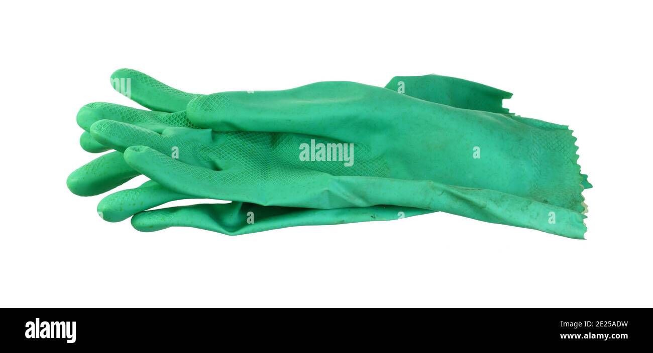 Green rubber gloves isolated on white Stock Photo Alamy