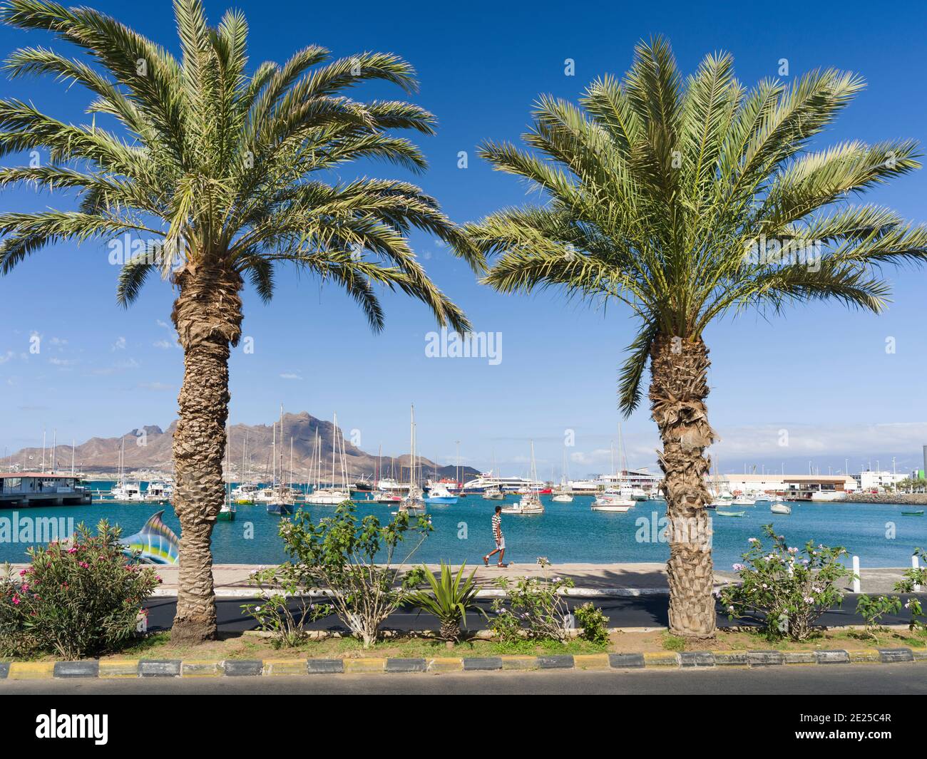View of Marina and Porto Grande.  City Mindelo, a seaport on the island  Sao Vicente,   Cape Verde in the equatorial atlantic. Africa, April Stock Photo