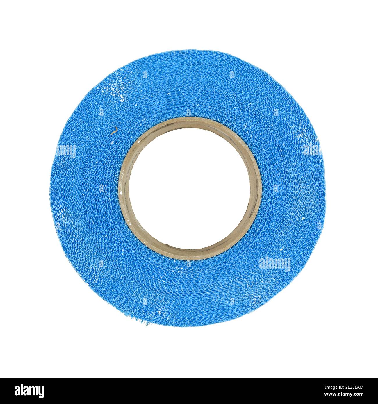 Top view of a roll of used blue mesh drywall tape isolated on a white background. Stock Photo