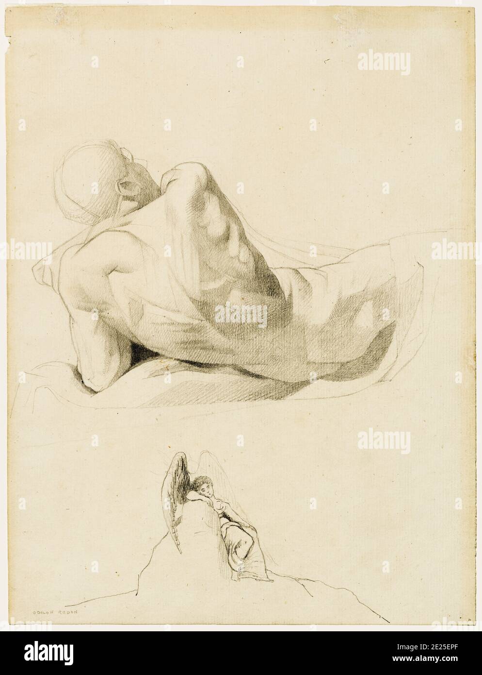 Odilon Redon, Study of a Man's Back and a Melancholy Angel, drawing, 1865 Stock Photo
